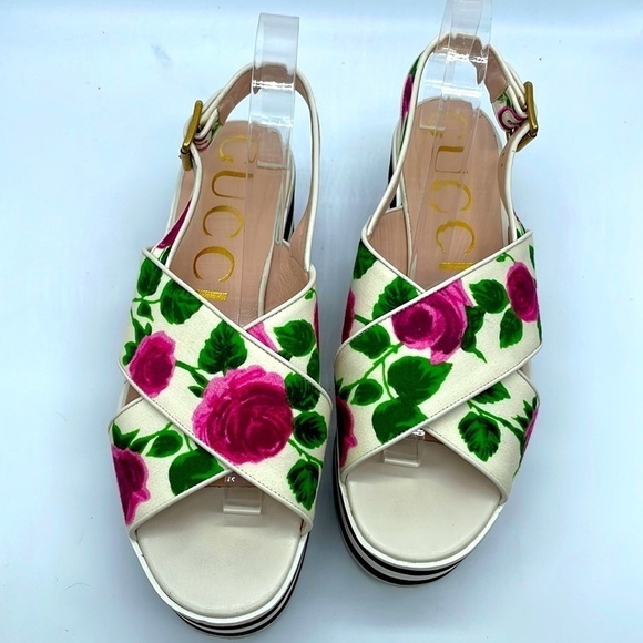 GUCCI Pink Red Rose Floral Sandals Peggy Platforms Striped Sole 39.5 - Picture 1 of 8